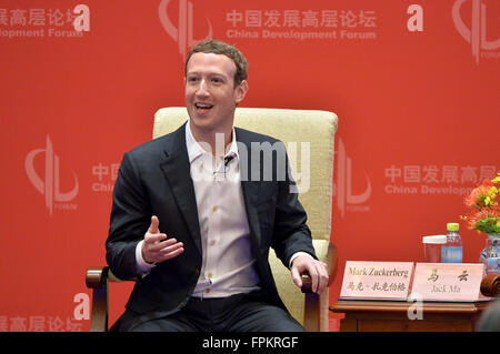 Beijing, China. 19th Mar, 2016. Mark Zuckerberg, co-founder and CEO of Facebook, attends the Economic Summit of China Development Forum 2016 in Beijing, capital of China, March 19, 2016. Credit:  Li Xin/Xinhua/Alamy Live News Stock Photo