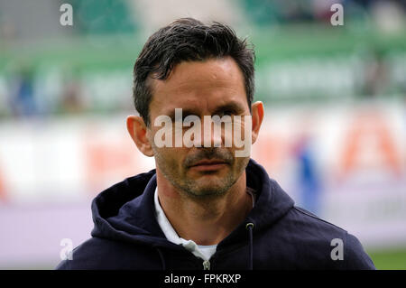 Wolfsburg, Germany. 19th Mar, 2016. Darmstadt's coach Dirk Schuster before kick-off at the German Bundesliga soccer match between VfL Wolfsburg and SV Darmstadt 98 at the Volkswagen arena in Wolfsburg, Germany, 19 March 2016. PHOTO: PETER STEFFEN/dpa (EMBARGO CONDITIONS - ATTENTION: Due to the accreditation guidlines, the DFL only permits the publication and utilisation of up to 15 pictures per match on the internet and in online media during the match.) © dpa/Alamy Live News Stock Photo