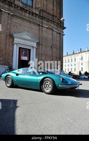 Pralboino, Italy. 19th March, 2016. A green 1974 Ferrari Dino 246 GTS is ready for the Trofeo Foresti. Roberto Cerruti/Alamy Live News Stock Photo