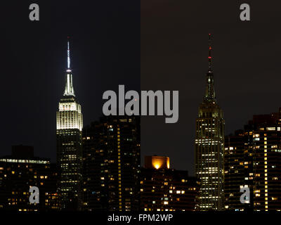New York, USA. 19th Mar, 2016. Combined photo taken on March 19, 2016 shows the Empire State Building before (L) and after (R) turning off lights for the annual Earth Hour event in New York, the United States. © Li Muzi/Xinhua/Alamy Live News Stock Photo
