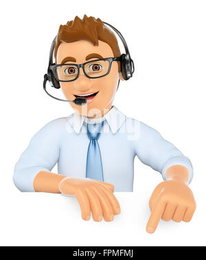 3d business people. Call center worker pointing down. Blank space. Isolated white background. Stock Photo