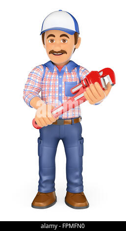 3d working people. Plumber with a pipe wrench. Isolated white background. Stock Photo