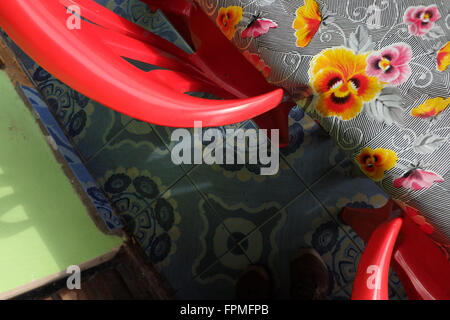 Old plastic table covers, Restaurant in Kuala Lipis, Malaysia. Stock Photo