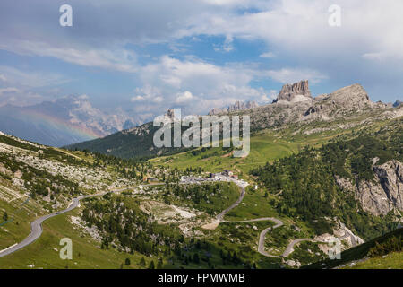 Falzarego Pass, in the background Cinque Torri, Averau, Punta Gallina, Ampezzano Dolomites, region Veneto, province Belluno, Stock Photo