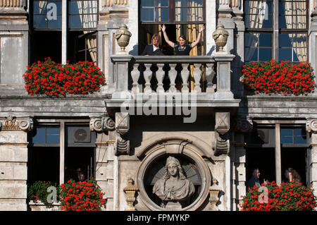 Some balconies of Le Pigeon in La Grand Place, Brussels. La Chaloupe D'Or - The Golden Boot restaurant in Grote Markt (The Grand Stock Photo