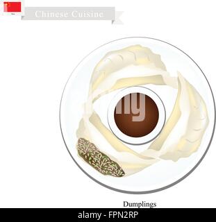 Chinese Cuisine, Illustration of Jiaozi or Chinese Steam Dumplings Served with Soy Sauce. One of Most Popular Dumplings in China Stock Vector