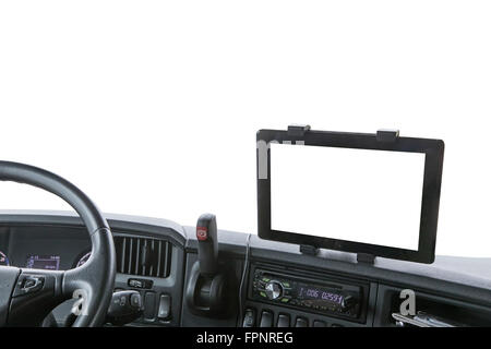 Dashboard of the truck isolated on the white background. Navigation display is ready for your text. Stock Photo