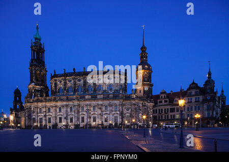 Royal Palace and Catholic Court Church (Hofkirche) in the Blue Hour, Stock Photo