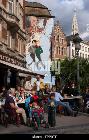 Comic book mural in the street center of Brussels, Belgium. Broussaille by Pe, rue du Marche au Charbon. In Brussels, this love Stock Photo