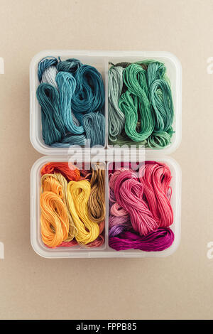 Multi colored threads, organized by color in a plastic box Stock Photo