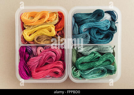 Multi colored threads, organized by color in a plastic box Stock Photo