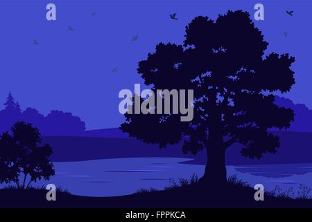 Landscape, Trees, River and Birds Stock Vector