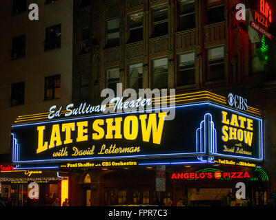 Late Show with David Letterman illuminated sign at the Ed Sullivan Theater, Broadway, New York City, USA. Stock Photo