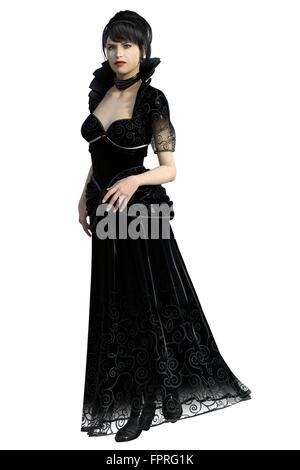 Beautiful evil stepmother in long black dress with high collar Stock Photo