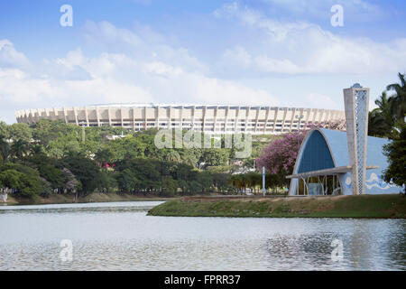 The church of St. Francis with the Minerao World Cup football stadium behind in Pampulha, Belo Horizonte, Brazil Stock Photo