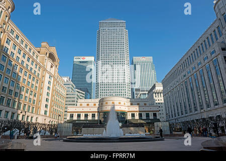 View from Cabot Square of HSBC Headquarters, Citi Bank & One Canada Square on a sunny day, Canary Wharf, London, UK. Stock Photo