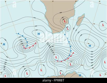 imaginary weather map showing isobars and weather fronts Stock Vector