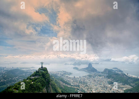 The skyline of Rio de Janeiro under dramatic clouds with copy space Stock Photo