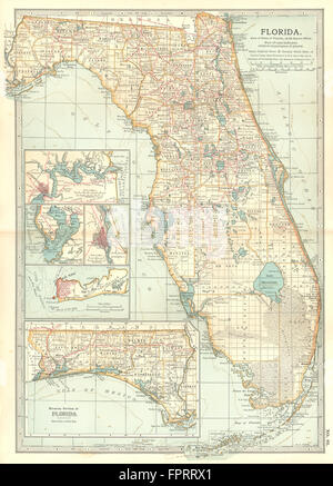 FLORIDA: Inset Jacksonville, Key West, Tampa, St Augustine, 1903 antique map Stock Photo