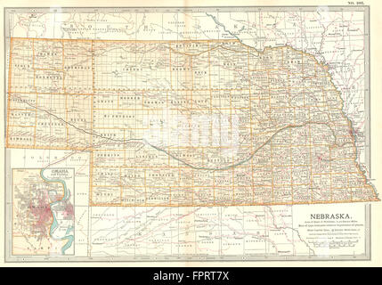 NEBRASKA: State map showing counties. Inset Omaha & area. Britannica, 1903 Stock Photo