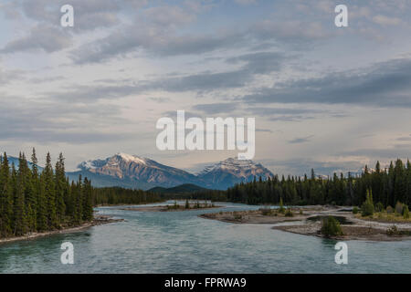 Mount Hardisty and Mount Kerkeslin with Athabasca River, View of the Icefields Parkway highway, Jasper National Park Stock Photo