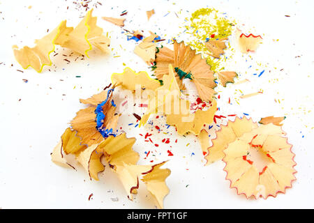 Shavings and graphite from sharpening colored wood crayons, or pencils Stock Photo