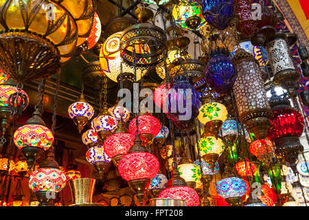 Multi-colored lamps hanging at the Grand Bazaar in Istanbul, Turkey Stock Photo