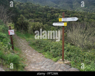 Hiking through Montes del Agua, footpath and  signposts along the track near El Palmar, Canary Islands Spain Stock Photo