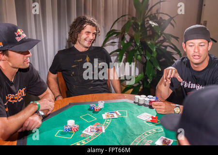 LOS ANGELES, CA – AUGUST 08: X Game athletes playing a poker game in Los Angeles, California on August 05, 2005. Stock Photo