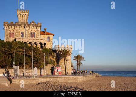 Portugal, Estoril, castle on Tamariz beach at sunset by the Atlantic Ocean, resort town near Lisbon Stock Photo