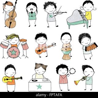 collection of cute doodle kids playing different musical instruments Stock Vector