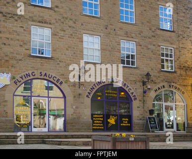 Shops in a converted mill at in Hebden Bridge, Yorkshire, a small town which is a tourist destination in the Pennines, UK. Stock Photo