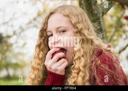 Portrait of a blond teenage girl biting into an apple in apple orchard, Bavaria, Germany
