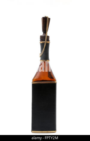 Triangular Bottle Of Spanish Wine Bodegas Pina Portorey With Leather Cover And Chain Attached To Cork Stock Photo