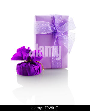 Elegant bright purple gift boxes on white background. Isolated with clipping path on white background. Stock Photo