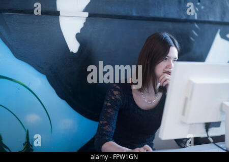 businesswoman working on desktop pc in an office, Freiburg Im Breisgau, Baden-Württemberg, Germany Stock Photo