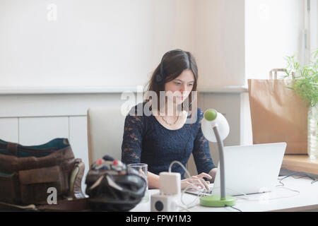 businesswoman working on laptop in an office, Freiburg Im Breisgau, Baden-Württemberg, Germany Stock Photo