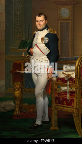 Vintage painting of The Emperor Napoleon in his study at the Tuileries. Original by Jacques-Louis David, 1812. Stock Photo