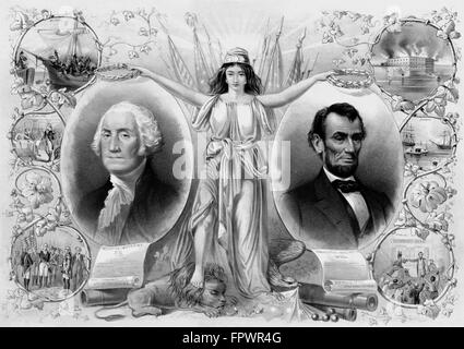 Vintage American History print of President George Washington, President Abraham Lincoln, and Columbia. It also includes importa Stock Photo