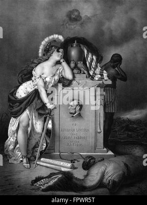 Civil War print of Lady Liberty and a former slave mourning at the grave of President Abraham Lincoln. The print is titled In Me Stock Photo