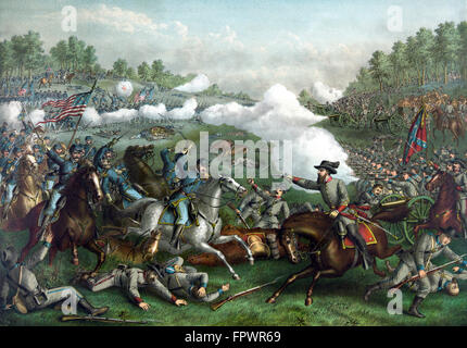Civil War Print showing Union and Confederate troops engaging in Battle at Opequon or Winchester, Virginia. Stock Photo