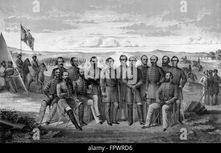 Vintage Civil War print of sixteen of The Confederate Army's top Generals, in camp, as troops move in the background. Generals s Stock Photo