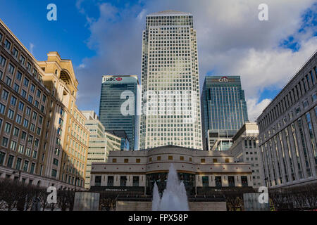 The towering office buildings of Canary Wharf's London city skyline as viewed from Cabot Square. 4th March 2015 Stock Photo