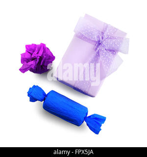 Bright purple and blue gift boxes. Isolated with clipping path on white background. Top view. Stock Photo