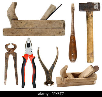 Various old and used hand tools isolated on white background Stock Photo