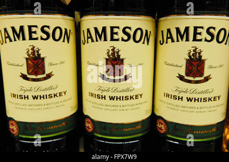 Jameson Irish Whiskey produced by Irish Distillers (Pernod Ricard) on sale in a  Carrefour supermarket. Stock Photo