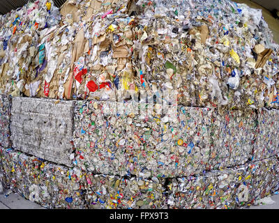 Crushed and packed pop cans for recycle, ready for shipping to recycling facilities Stock Photo