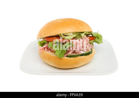Pulled pork with salad in a crusty bread roll on a plate isolated against white Stock Photo