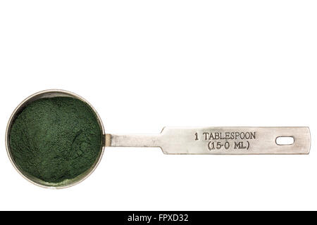 Nutrient-rich organic chlorella powder - isolated measuring metal tablespoon, top view Stock Photo