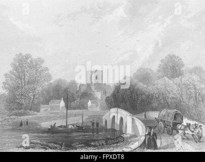 WALES: St Asaph's Cathedral view bridge: Asaph, antique print 1850 Stock Photo